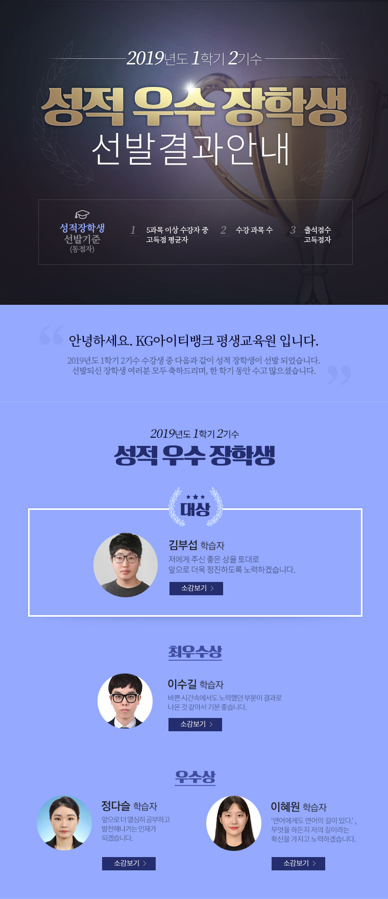 성적우수 장학생 선발 결과 안내. 성적장학생 선발기준(동점자) 1. 5과목 이상 수강자 중 고득점 평균자. 2. 수강 과목 수. 3. 출석점수 고득점자.