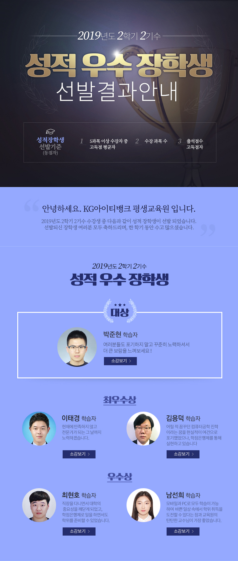 성적우수 장학생 선발 결과 안내. 성적장학생 선발기준(동점자) 1. 5과목 이상 수강자 중 고득점 평균자. 2. 수강 과목 수. 3. 출석점수 고득점자.