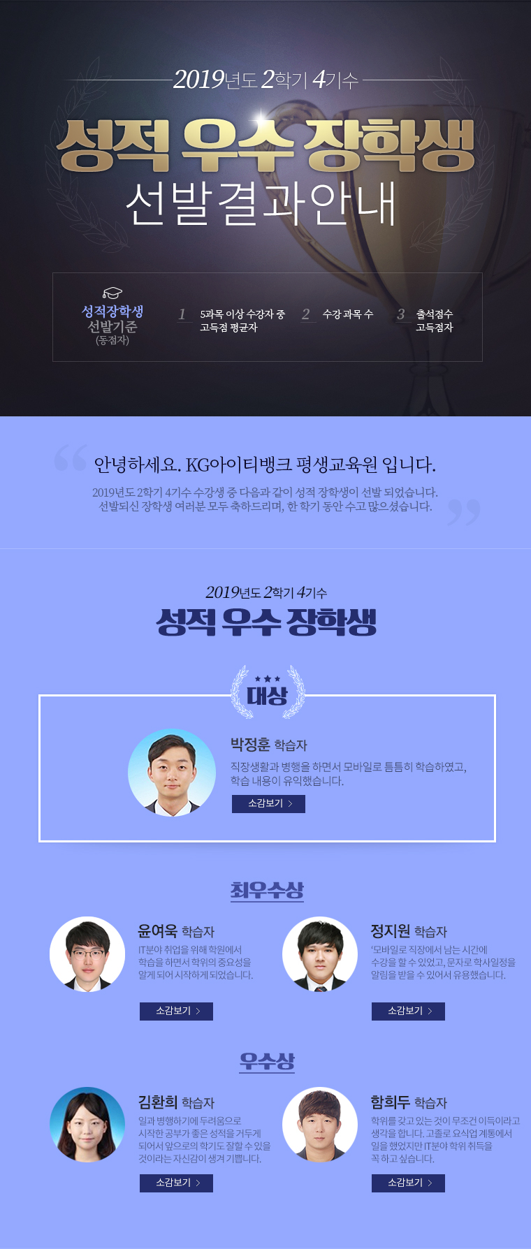 성적우수 장학생 선발 결과 안내. 성적장학생 선발기준(동점자) 1. 5과목 이상 수강자 중 고득점 평균자. 2. 수강 과목 수. 3. 출석점수 고득점자.