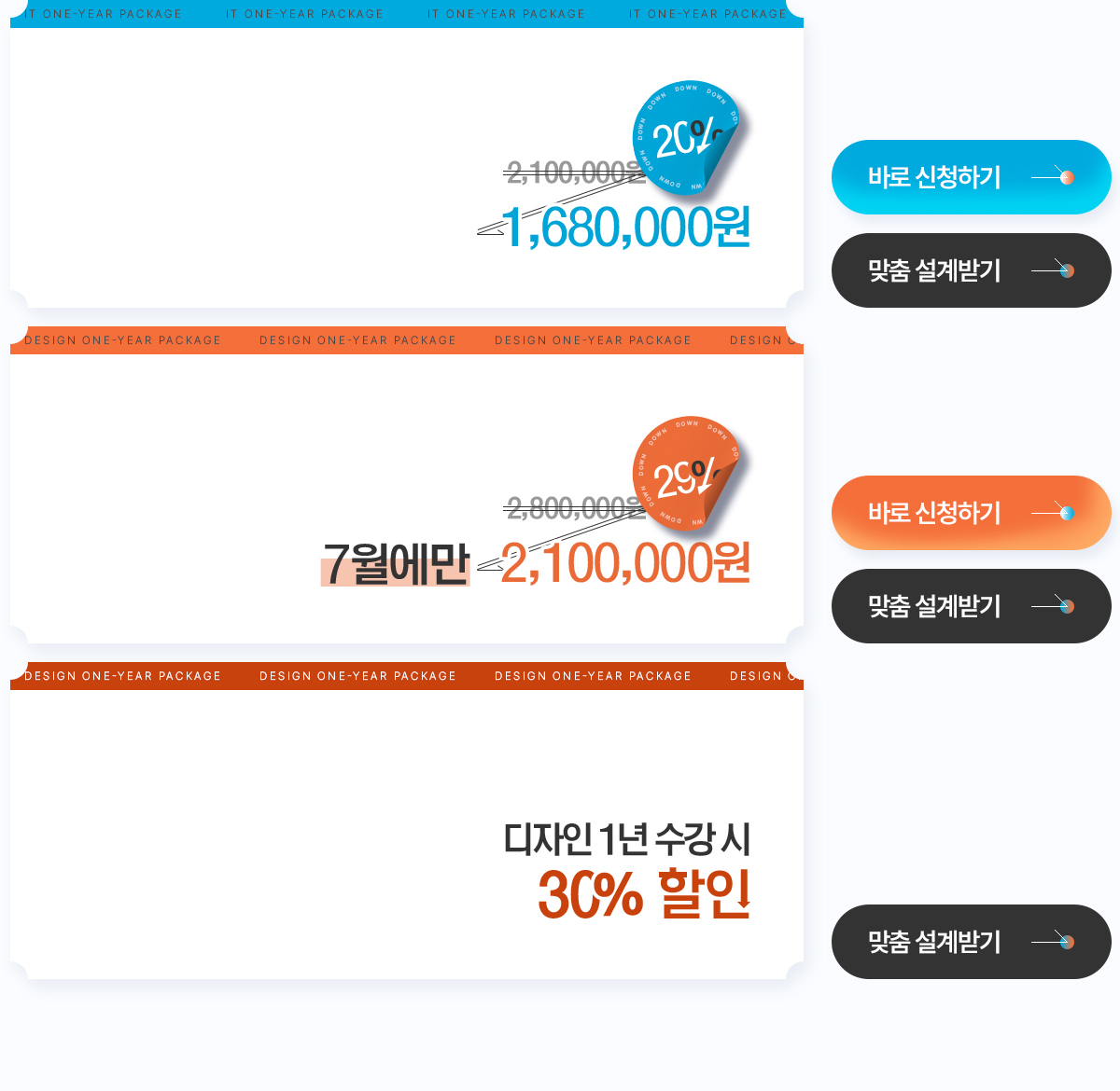 IT 및 디자인 1년 완성 패키지의 과목 수, 할인 가격과 디자인 학점 인정 자격증 과정 안내