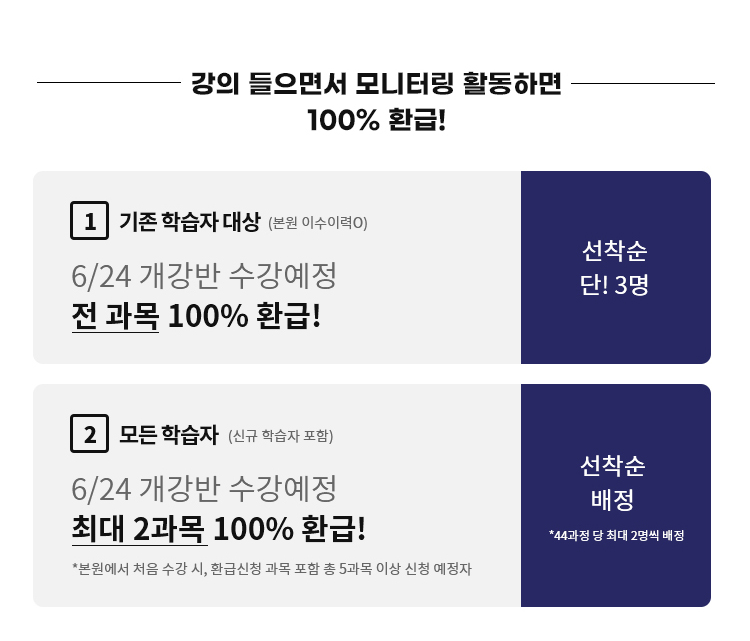 강의 들으면 모니터링 활동하면 100% 환급 1.기존 학습자 대상(본원 이수이력필요) 6/24 개강반 수강예정 전 과목 100% 환급! - 선착순 단! 3명 2. 모든학습자(신규 학습자 포함) 6/24 개강반 수강예정 최대 2과목 100% 환급! *본원에서 처음 수강 시, 환급신청 과목 포함 총 5과목 이상 신청 예정자 - 선착순 배정 *44과정 당 최대 2명씩 배정