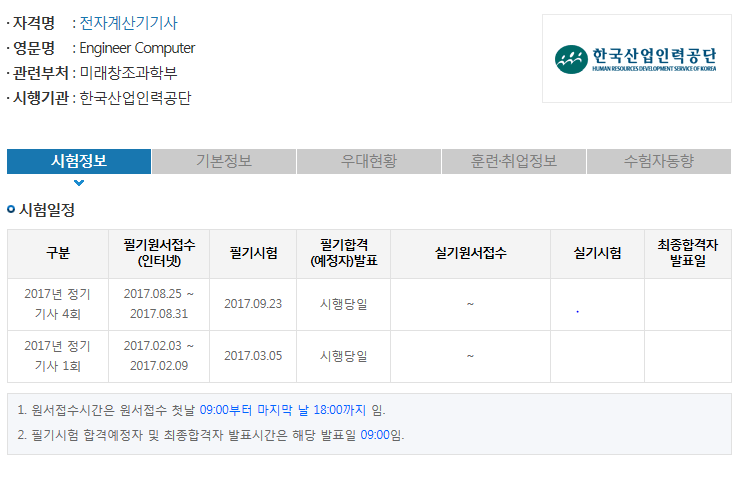 2017년 전자계산기기사 시험일정