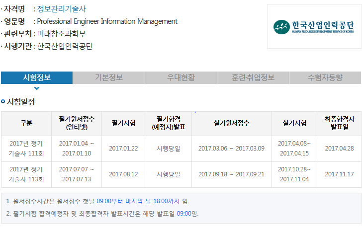 2017년 정보관리기술사 시험일정