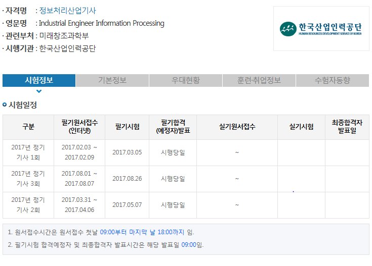 2017년 정보처리산업기사 시험일정