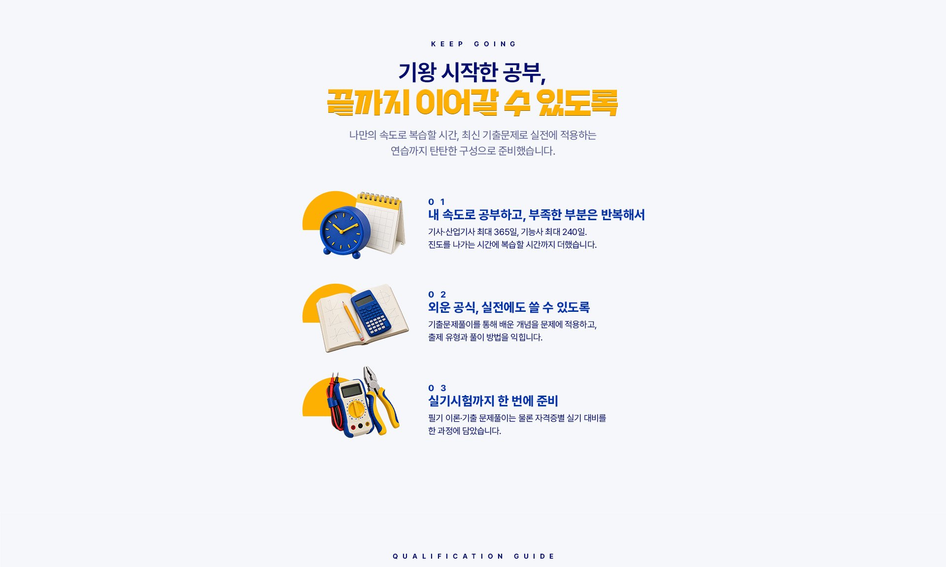 KEEP GOING. 기왕 시작한 공부, 끝까지 이어갈 수 있도록. 나만의 속도로 복습할 시간, 최신 기출문제로 실전에 적용하는 연습까지 탄탄한 구성으로 준비했습니다. 01 내 속도로 공부하고, 부족한 부분은 반복해서: 기사·산업기사 최대 365일, 기능사 최대 240일. 진도를 나가는 시간에 복습할 시간까지 더했습니다. 02 외운 공식, 실전에도 쓸 수 있도록: 기출문제풀이를 통해 배운 개념을 문제에 적용하고, 출제 유형과 풀이 방법을 익힙니다. 03 실기시험까지 한 번에 준비: 필기 이론·기출 문제풀이는 물론 자격증별 실기 대비를 한 과정에 담았습니다. QUALIFICATION GUIDE