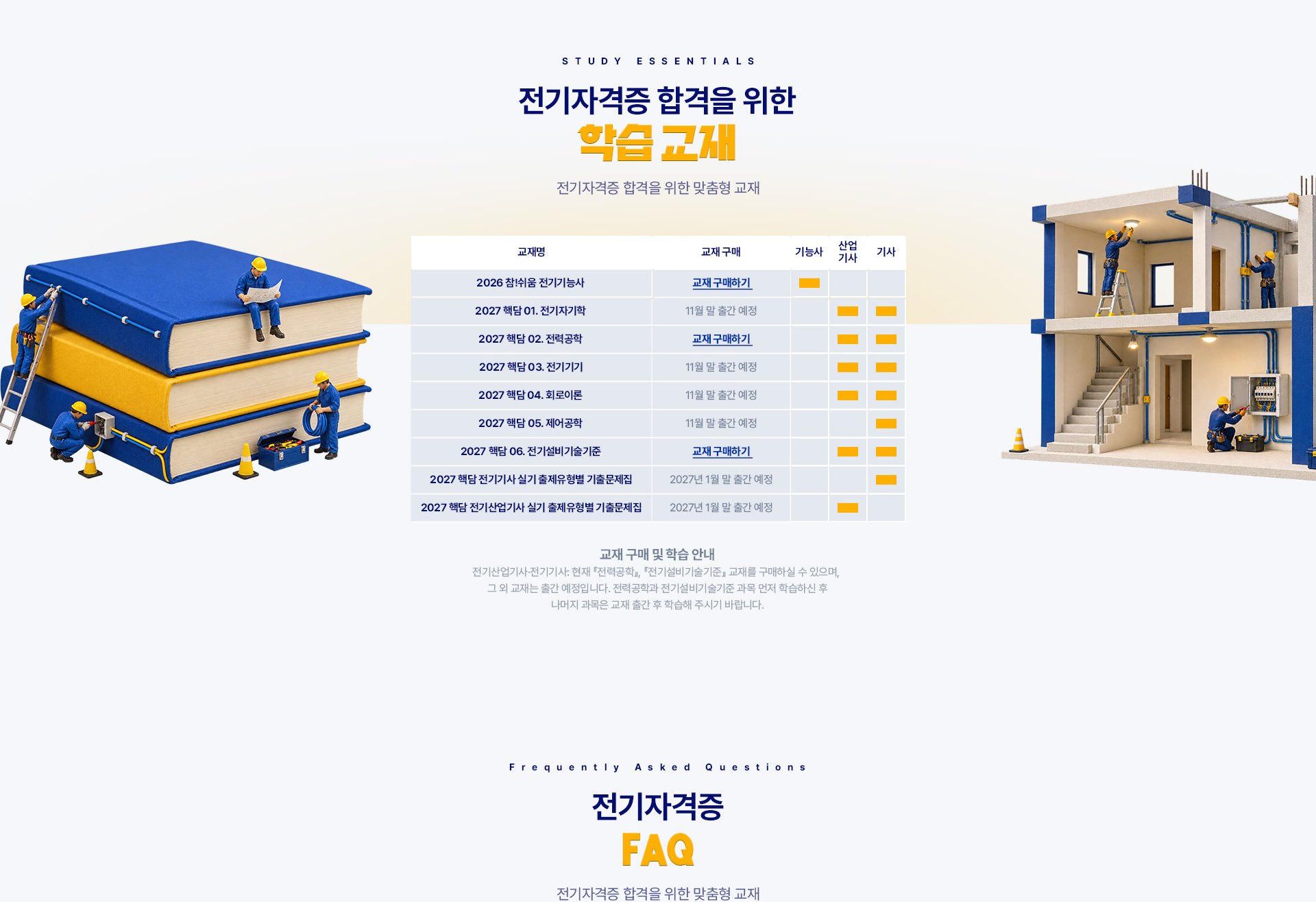 STUDY ESSENTIALS. 전기자격증 합격을 위한 학습 교재. 전기자격증 합격을 위한 맞춤형 교재. 교재명, 교재 구매, 대상(기능사·산업기사·기사): 2026 참!쉬움 전기기능사 - 교재 구매하기, 기능사. 2027 핵담 01. 전기자기학 - 11월 말 출간 예정, 산업기사·기사. 2027 핵담 02. 전력공학 - 교재 구매하기, 산업기사·기사. 2027 핵담 03. 전기기기 - 11월 말 출간 예정, 산업기사·기사. 2027 핵담 04. 회로이론 - 11월 말 출간 예정, 산업기사·기사. 2027 핵담 05. 제어공학 - 11월 말 출간 예정, 기사. 2027 핵담 06. 전기설비기술기준 - 교재 구매하기, 산업기사·기사. 2027 핵담 전기기사 실기 출제유형별 기출문제집 - 2027년 1월 말 출간 예정, 기사. 2027 핵담 전기산업기사 실기 출제유형별 기출문제집 - 2027년 1월 말 출간 예정, 산업기사. 교재 구매 및 학습 안내: 전기산업기사·전기기사는 현재 『전력공학』, 『전기설비기술기준』 교재를 구매하실 수 있으며, 그 외 교재는 출간 예정입니다. 전력공학과 전기설비기술기준 과목 먼저 학습하신 후 나머지 과목은 교재 출간 후 학습해 주시기 바랍니다. Frequently Asked Questions 전기자격증 FAQ.