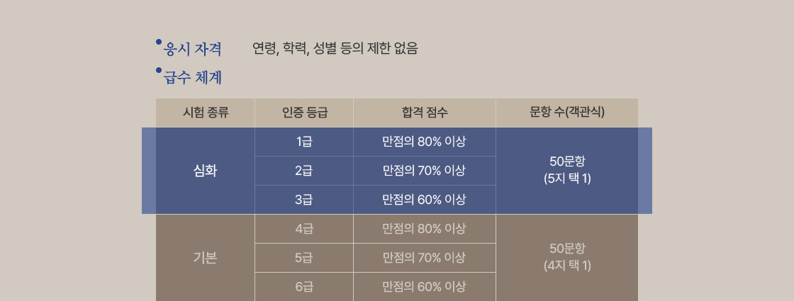응시 자격 - 연령, 학력, 성별 등의 제한 없음. 급수 체계 - 심화 1급 : 만점의 80% 이상 합격, 심화 2급 : 만점의 70% 이상 합격, 심화 3급 : 만점의 60% 이상 합격, 문항 수(객관식) : 50문항(5지 택1) 심화급수 동일. 기본 4급 : 만점의 80% 이상 합격, 기본 5급 : 만점의 70% 이상 합격, 기본 6급 : 만점의 60% 이상 합격, 문항 수(객관식) : 50문항(4지 택1) 기본급수 동일.