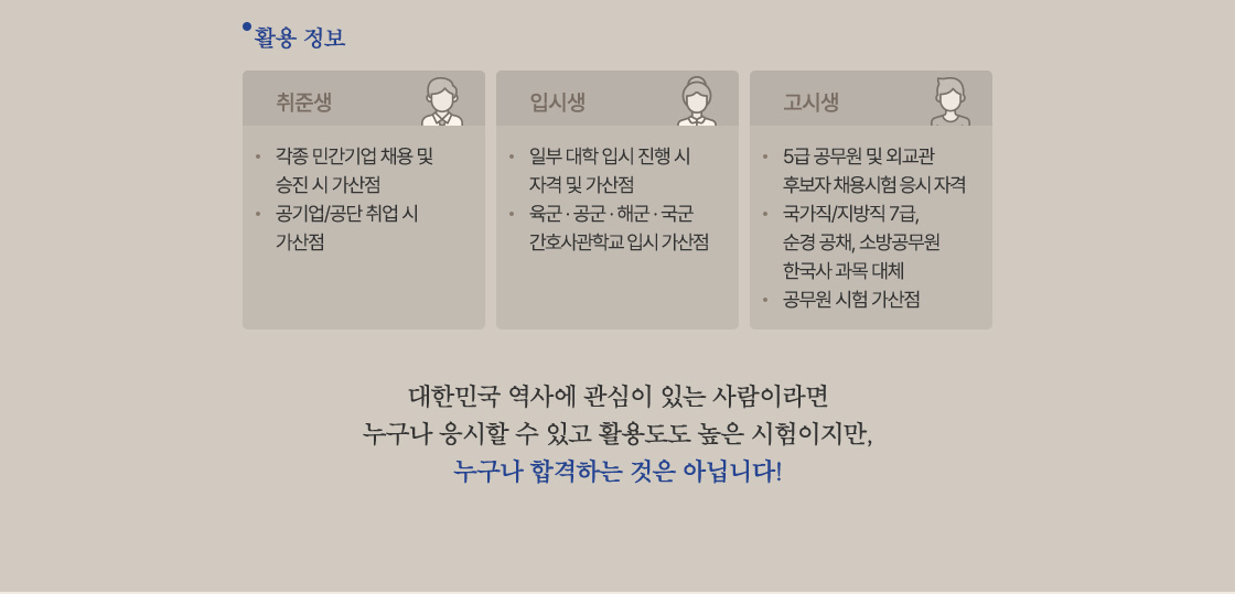 활용 정보 - 취준생 : 각종 민간기업 채용 및 승진 시 가산점. 공기업/공단 취업 시 가산점. 입시생 : 일부 대학 입시 진행 시 자격 및 가산점. 육군·공군·해군·국군 간호사관학교 입시 가산점. 고시생 : 5급 공무원 및 외교관 후보자채용시험 응시자격. 국가직/지방직7급, 순경 공채, 소방공무원 한국사 과목 대체. 공무원 시험 가산점. 대한민국 역사에 관심이 있는 사람이라면 누구나 응시할 수 있고 활용도도 높은 시험이지만, 누구나 합격하는 것은 아닙니다!