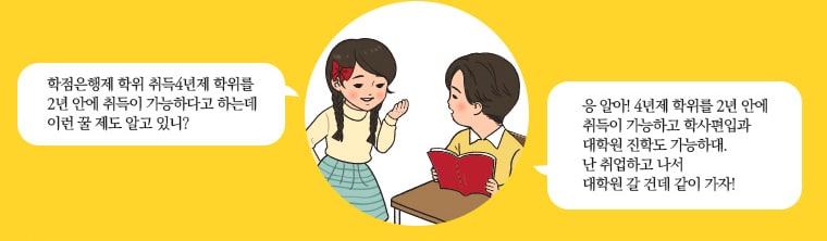 학점은행제 학위 취득 4년제 학위를 2년 안에 취득이 가능하다고 하는데 이런 꿀 제도 알고 있니? 응 알아! 4년제 학위를 2년 안에 취득하고 학사편입과 대학원 진학도 가능하대. 난 취업하고 나서 대학원 갈 건데 같이 가자!