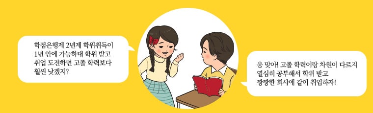 학점은행제 2년제 학위취득이 1년 안에 가능하대 학위 받고 취업 도전면 고졸 학력보다 훨씬 낫겠지? 응 맞아! 고졸 학력이랑 차원이 다르지 열심히 공부해서 학위 받고 짱짱한 회사에 같이 취업하자!
